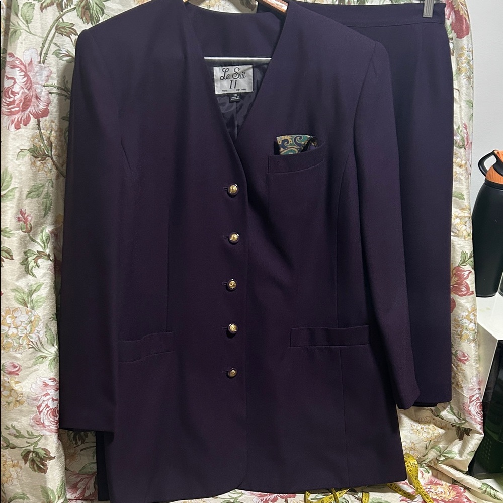 Le Suit Deep Plum Blazer and Pencil Skirt Set